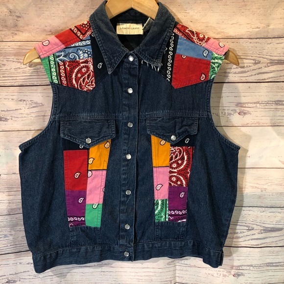 Lemon Grass | Tops | Lemon Grass Denim Vest W Multi Bandana Colors ...
